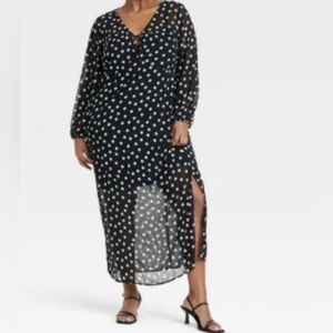 Ava & Viv/Balloon/Long Sleeve/Maxi/Shift/Dress/Black/Polka Dots/V Neck